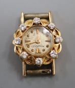 A lady's yellow metal and diamond set Jager LeCoultre manual wind wrist watch, diameter 16mm,