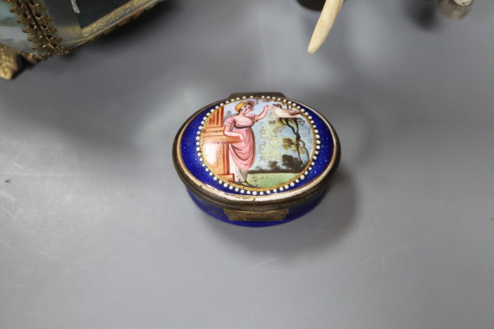 A South Staffordshire enamel box, a silver-mounted ebony elephant and a gilt box - Image 2 of 5