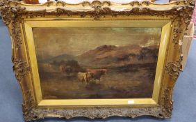 Ernest Walbourn (1872-1927), oil on canvas, Highland cattle watering, signed, 60 x 90cm