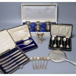 Mixed silver including cased silver cased berry spoons, cups, cream helmet, etc.