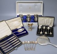 Mixed silver including cased silver cased berry spoons, cups, cream helmet, etc.