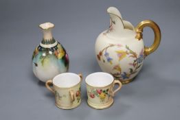 Four small items of Royal Worcester, including a flower-painted vase, No 283, a blush ivory jug,