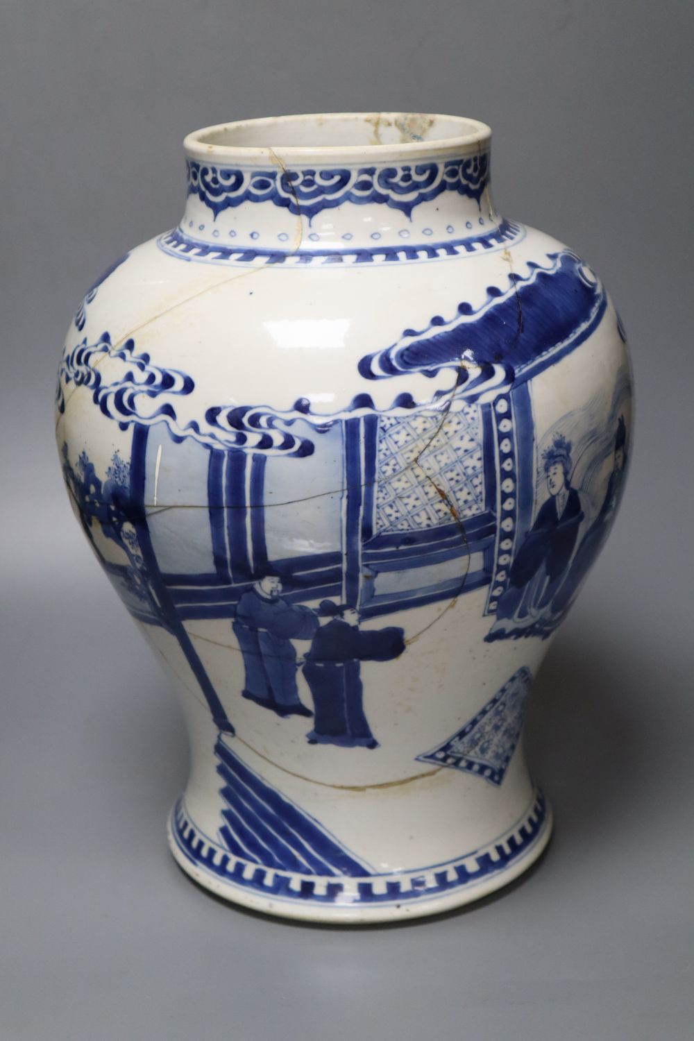 A Chinese Kangxi period blue and white baluster vase, repaired, 35cm - Image 2 of 6