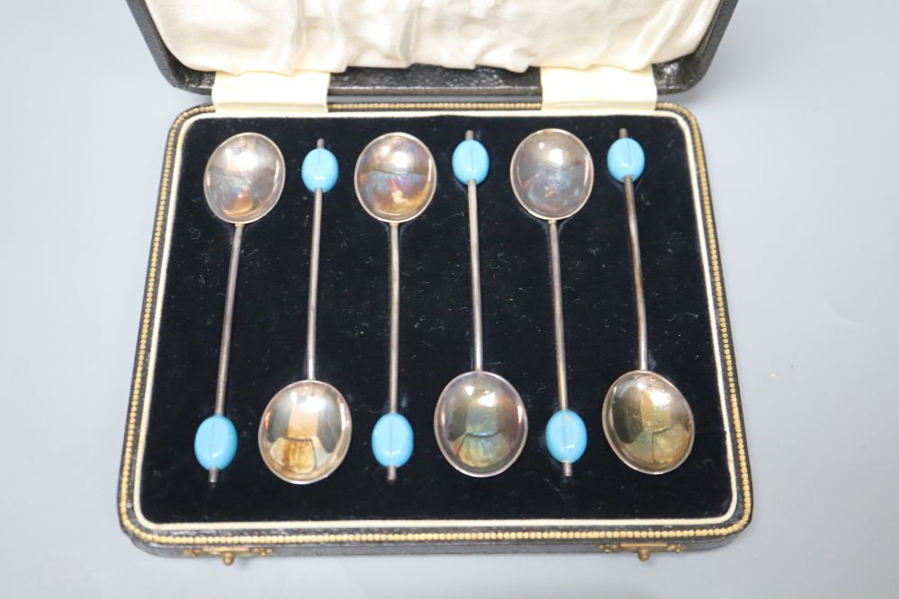 A cased set of six silver bean end coffee spoons, a silver cigarette box and two white metal - Image 3 of 5