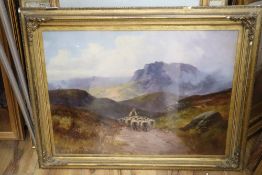 D. Hall?, oil on canvas, Shepherd and flock in the Highlands, indistinctly signed, 40 x 55cm