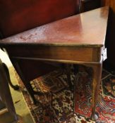 A George III triangular mahogany pad foot drop leaf table, width 90cm, depth 46cm, height 70cm