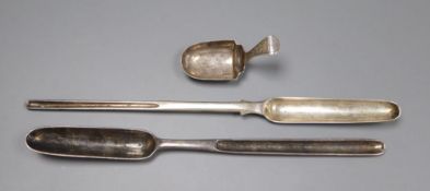 A George III silver marrow scoop, William Bateman I, London 1818, a George IV scoop, London 1824 and