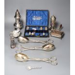 Silver plated ware including chafing dish, sugar caster, Apostle spoons with tongs, etc.