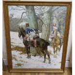 After William Barnes Wollen (1857-1936), oil on canvas, Hussars in woodland in winter, bears