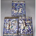 Three Persian pottery wall tiles, Qajar dynasty, relief-moulded with falconers on horseback, some