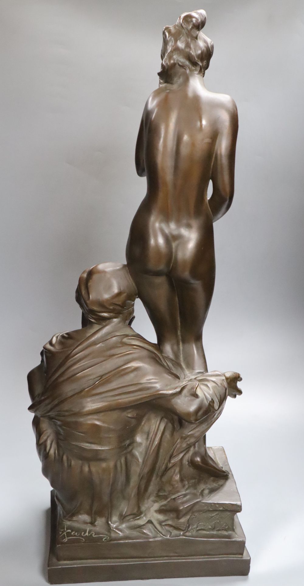 A large bronzed figure group of a seated male and nude female, indistinctly signed, 66cm - Image 4 of 5