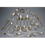 A group of assorted 19th century silver flatware including two caddy spoons (one Scottish) and a