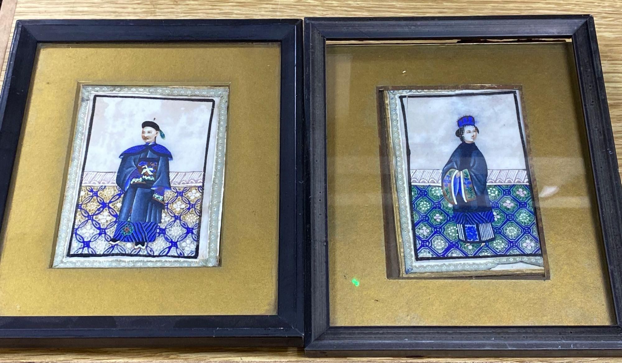 Two 19th century Cantonese pith paper paintings of figures, framed, 20 x 16cm