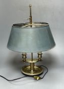 A French silver plated student's lamp, with height adjustable painted tin tray, converted to
