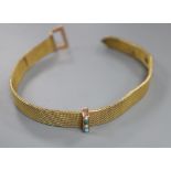 A yellow metal mounted turquoise and seed pearl set mesh link bracelet, overall 22.5cm, gross 20