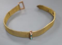 A yellow metal mounted turquoise and seed pearl set mesh link bracelet, overall 22.5cm, gross 20