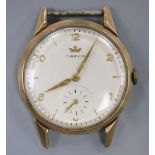 A gentleman's 9ct gold Marvin manual wind wrist watch, no strap, case diameter 30mm ex. crown, gross