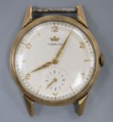 A gentleman's 9ct gold Marvin manual wind wrist watch, no strap, case diameter 30mm ex. crown, gross