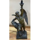 A bronzed finished lamp stem, 'Le Genie Humain', on rouge marble base, 90cmCONDITION: Lowest section