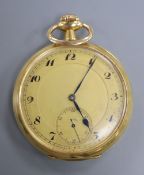 A continental 18k yellow metal open face pocket watch, with Arabic dial and subsidiary seconds, with