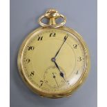 A continental 18k yellow metal open face pocket watch, with Arabic dial and subsidiary seconds, with