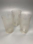 Three Stourbridge beaker shaped glasses, each engraved with a spider in a web, 14.5cm highCONDITION: