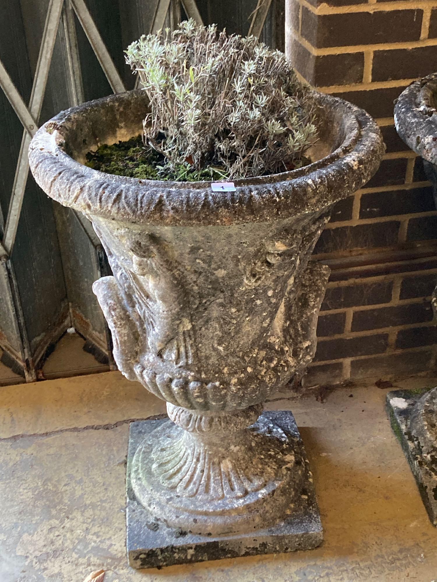 A pair of weathered composition stone urns and pedestals, diameter 56cm height 81cm - Image 2 of 4