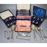 Small silver - 2 berry spoons, butter knife, ladle, feeder, christening spoon and fork, two cased