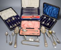 Small silver - 2 berry spoons, butter knife, ladle, feeder, christening spoon and fork, two cased