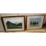 Constance Halford Thompson, pastel, Horse racing scene, 31 x 35cm and a signed colour print of