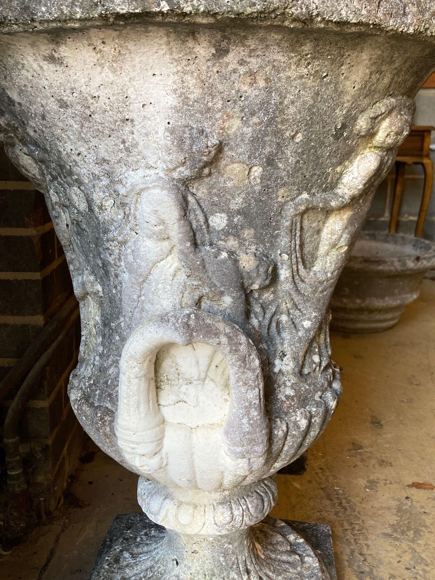 A pair of weathered composition stone urns and pedestals, diameter 56cm height 81cm - Image 4 of 4