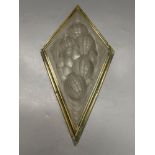 A pressed, frosted glass lozenge shape panel, within brass frame, height 35cmCONDITION: Good