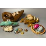 A Shona soapstone dish/duck containing eggs, a turquoise parrot on stand and various hardstone