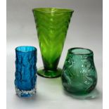 Three Whitefriars coloured glass vases, tallest 26cmCONDITION: Good condition.
