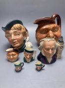 Royal Doulton John Barleycorn large and small character jugs, two Royal Doulton Pickwick and Old Mac