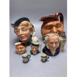 Royal Doulton John Barleycorn large and small character jugs, two Royal Doulton Pickwick and Old Mac