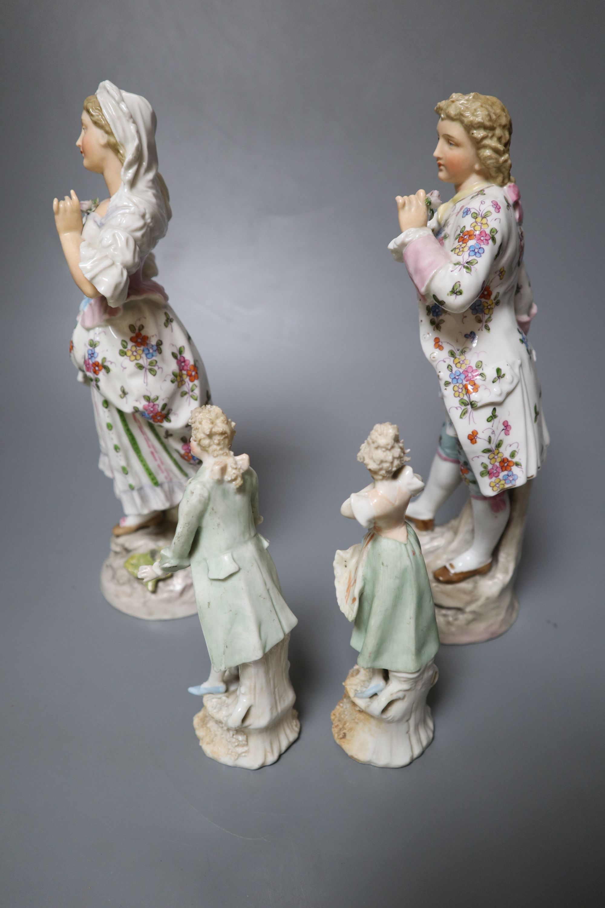Two pairs of Continental porcelain figures of a man and woman, 15cm and 26cmCONDITION: Taller - Image 5 of 7