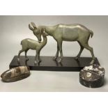 An Art Deco-style spelter deer group on slate plinth, 45cm, a mineral menu holder and a further