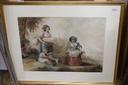 Circle of Francis Wheatley (1747-1801), rural scene with women harvesting, watercolour and a