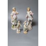 Two pairs of Continental porcelain figures of a man and woman, 15cm and 26cmCONDITION: Taller