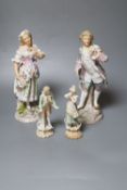 Two pairs of Continental porcelain figures of a man and woman, 15cm and 26cmCONDITION: Taller