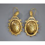 A pair of Victorian Etruscan revival yellow metal oval drop earrings, 43mm, 8.2 grams.CONDITION: