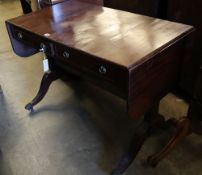 A Regency style mahogany sofa table, width 100cmCONDITION: Good dark mahogany tone but top has