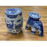 A Chinese blue and white ceramic garden seat and a similar 'elephant seat', 47.5cm tallCONDITION: