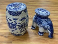 A Chinese blue and white ceramic garden seat and a similar 'elephant seat', 47.5cm tallCONDITION: