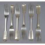 A set of six William IV silver fiddle pattern table forks, Mary Chawner, London, 1836, 14.5oz,