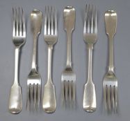 A set of six William IV silver fiddle pattern table forks, Mary Chawner, London, 1836, 14.5oz,