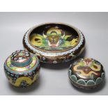 An early 20th century Chinese cloisonne enamel 'dragon' bowl, a similar box and cover and a ginger