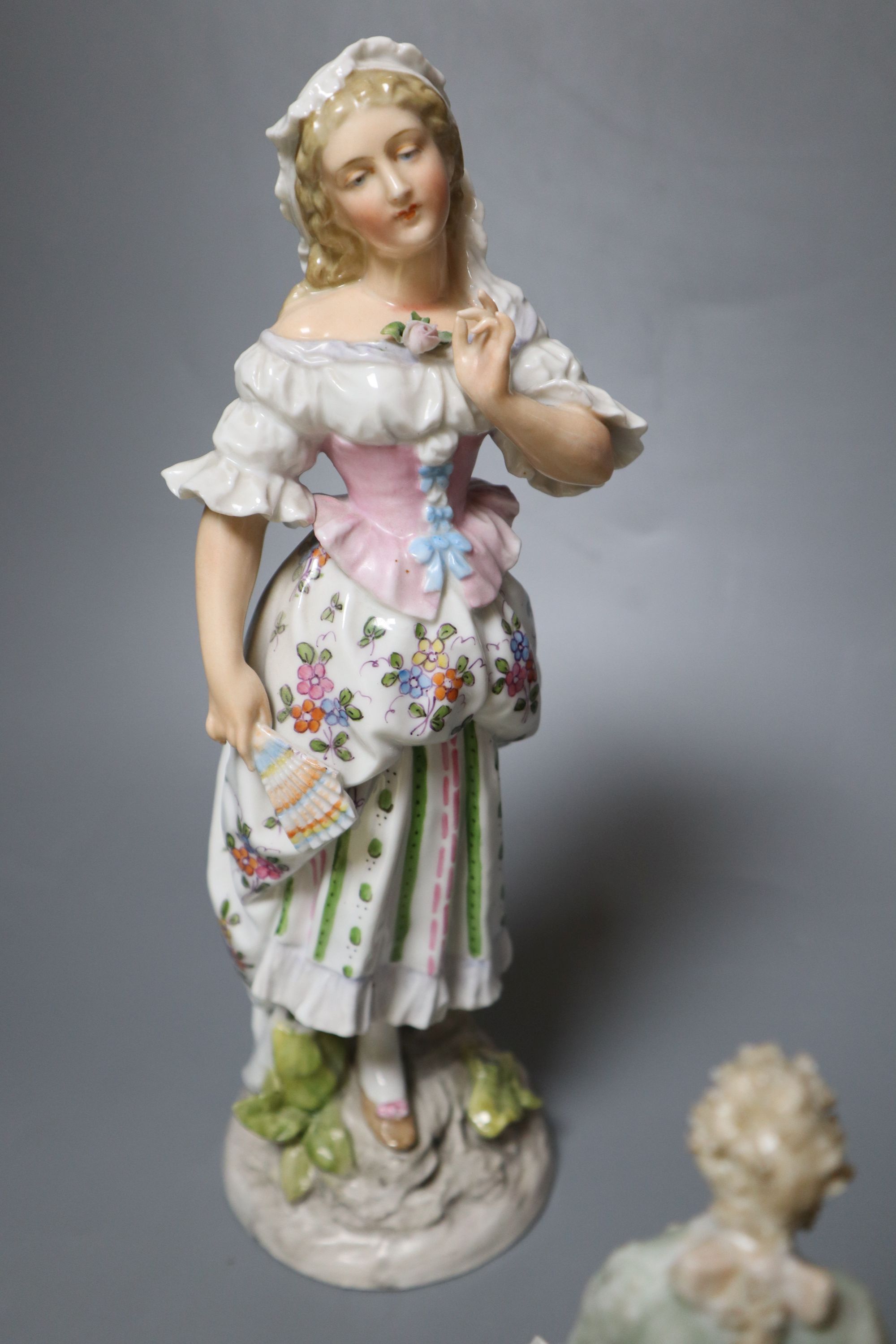 Two pairs of Continental porcelain figures of a man and woman, 15cm and 26cmCONDITION: Taller - Image 3 of 7