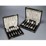 A cased set of six mid 20th century silver teaspoons and six similar coffee spoons.CONDITION: Both